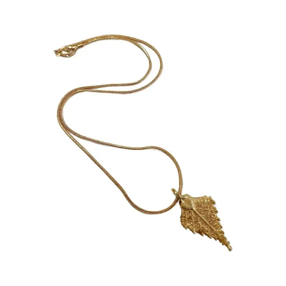Vintage Gold Plated SERPENTINE Chain with Gold Leaf Pendant, Minimalist Necklace